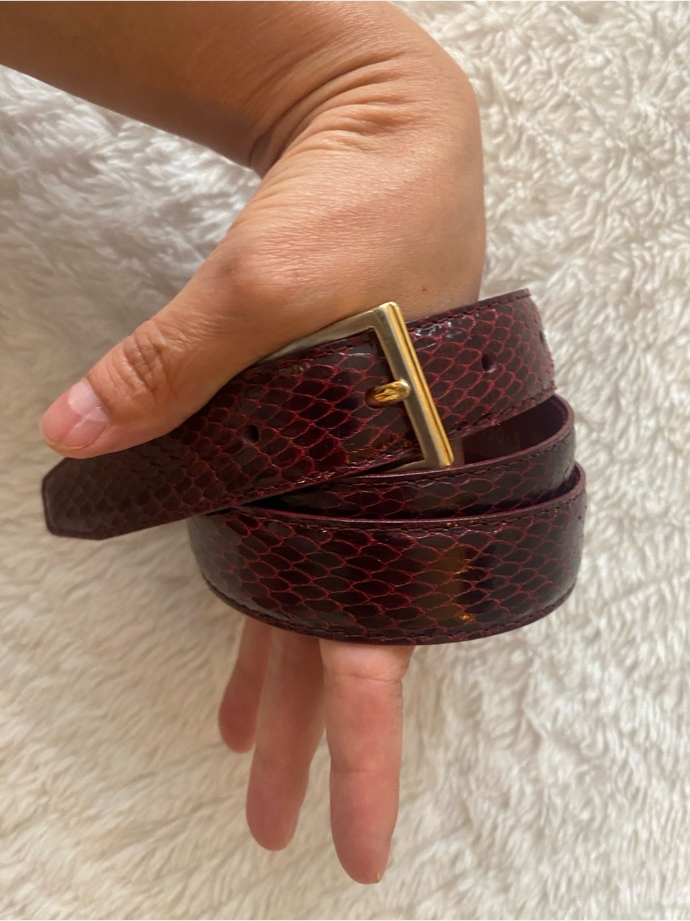 Women’s Burgundy Snake Skin Leather Belt with brass buckle